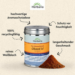 Herbaria Obazd is! bio 90g M-Dose – Bio-Gewürzmischung bayerischen Biergartenklassiker Obazda – for Brotaufstriche, Käsegerichte, Käsefondue – Raclette Gewürz - in nachhaltiger Aromaschutz-Dose