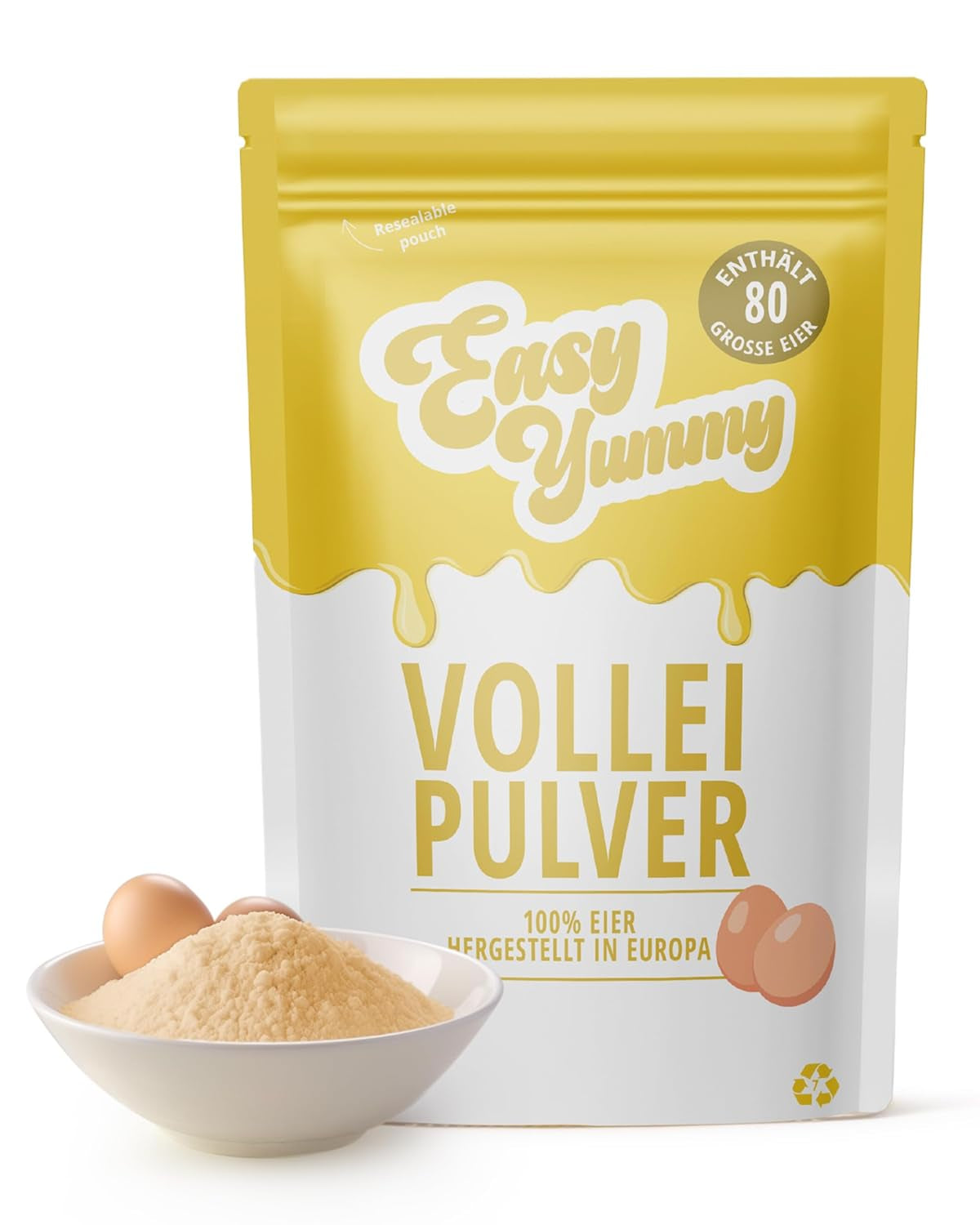 EASY YUMMY - Vollei-Eipulver (1000g = 80 Eier) aus Regionalen Niederländischen Freiland-Eiern | myth 1-Ei-Messlöffel | Wiederverschließbarer Beutel, lange Haltbarkeit | Rührei, Kochen, Backen | 100% them