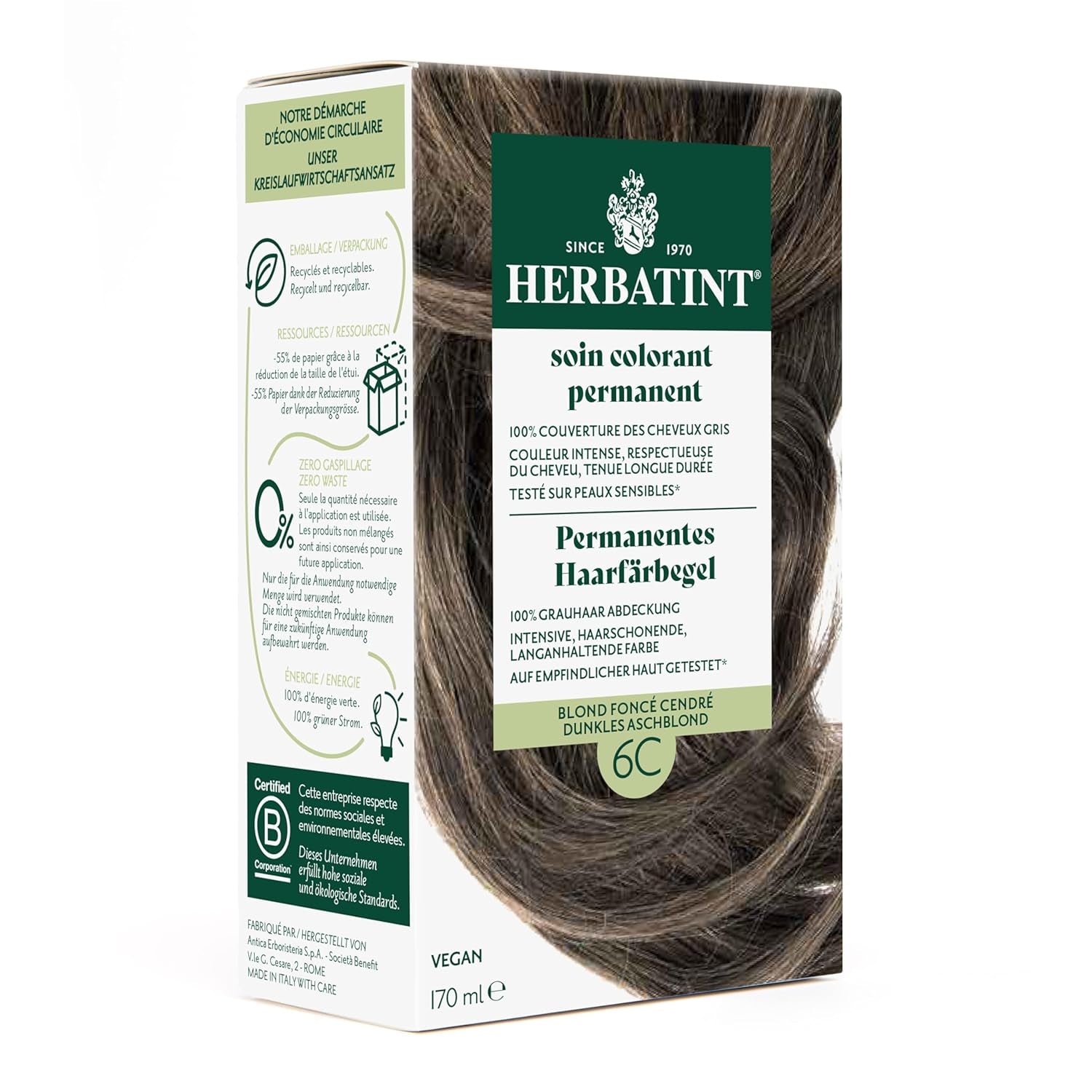 Gel pentru vopsirea permanentă a părului 6N blond închis - 170 ml I Fără amoniac, acoperire 100% a părului gri I Testat pe piele sensibilă, cu 8 extracte de plante Vopsea pentru par Naty Shop 6C Blond cenușiu închis
