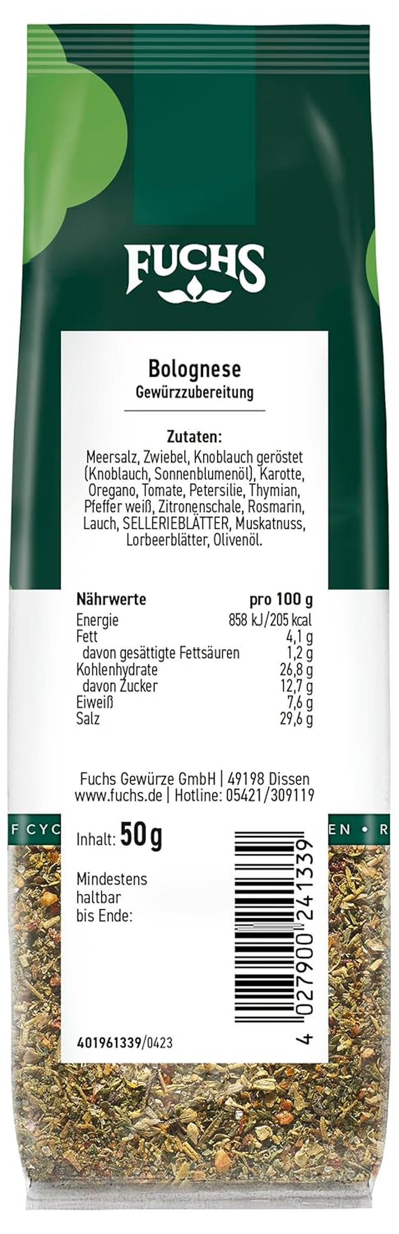 Fuchs Gewürze – Bolognese Gewürzzubereitung in recyclable Nachfüllbeutel, Gewürzmischung mit Italianen Kräutern, für Spaghetti- und weitere Pasta-Saucen - 50 g