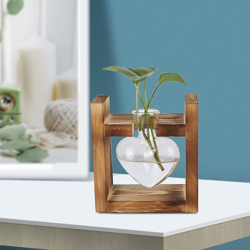 Wooden Stand Plant Terrarium, Heart Shape Tabletop Vase, Clear Glass Hydroponic Plants for Home Garden Decoration, Hydroponic Flower Decoration for Office, Living Room, Kitchen (A)