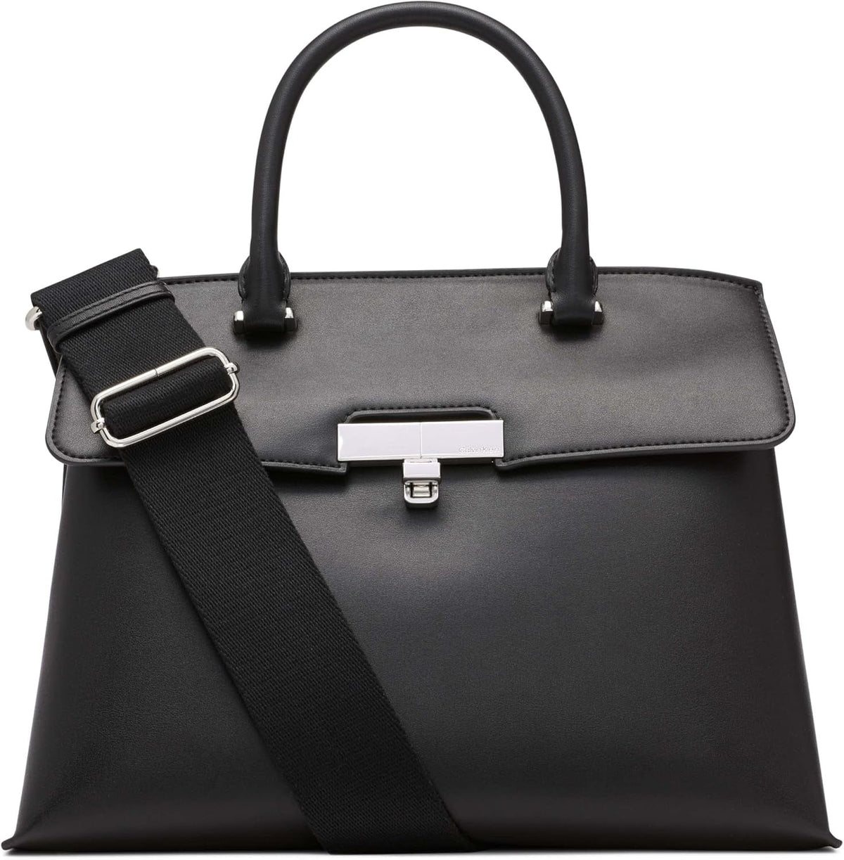 Calvin Klein Ladies Turn Lock Satchel - 2 în 1, piele vegană, 3 buzunare Becky Turnlock Geantă de umăr, negru/argintiu Genti Femei Naty Shop Titlu implicit