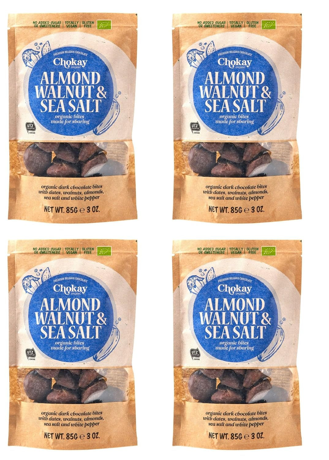 Set of 4 Organic Bites - Cinnamon Almonds/Cinnamon Almonds in Belgian Dark Chocolate/No Added Sugar, No Sweeteners/VEGAN & FAIR TRADE / 4 x 85g