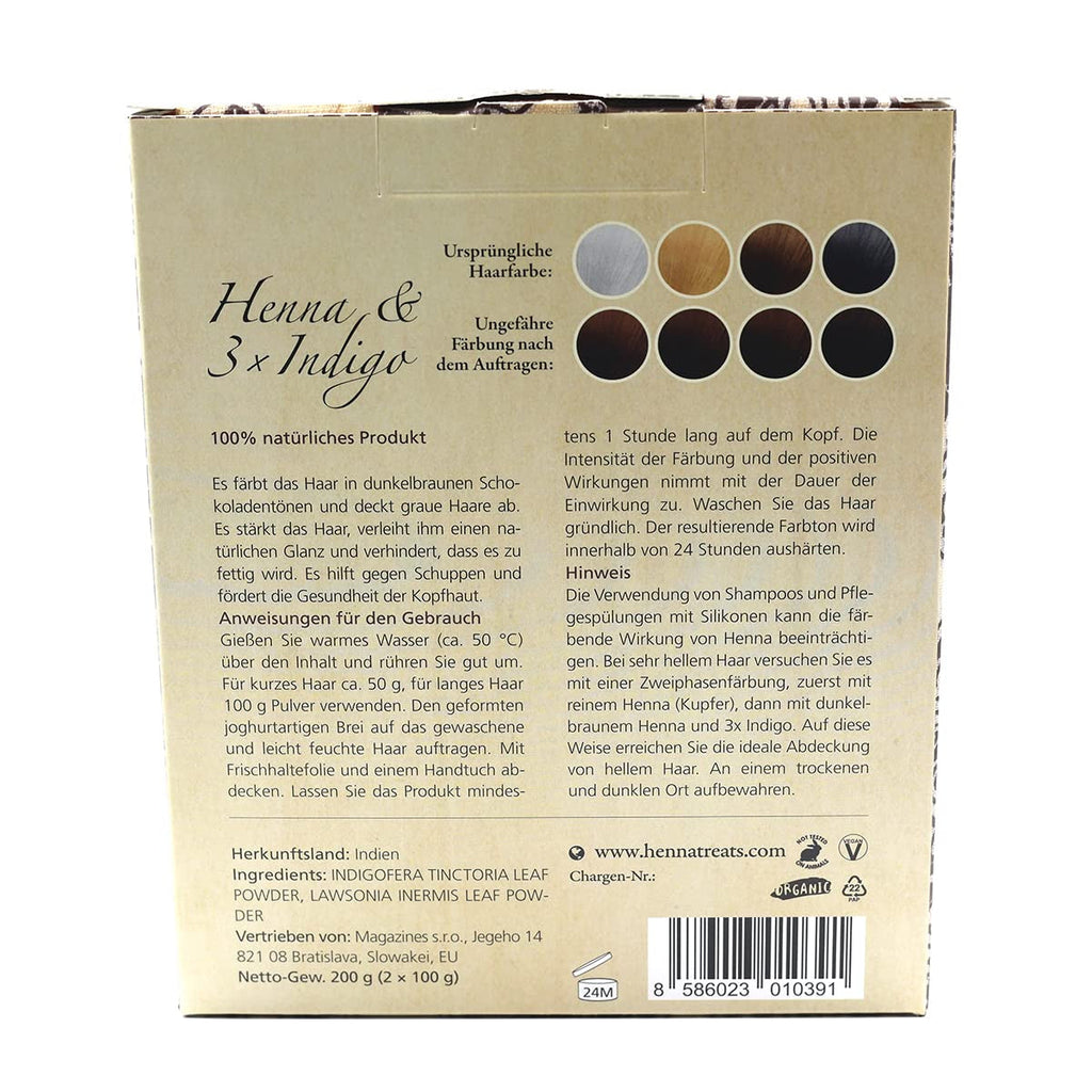 Henna & 3×Indigo - Castaniu închis - Culoarea naturală a părului - Pulbere - 200g Vopsea pentru par Naty Shop