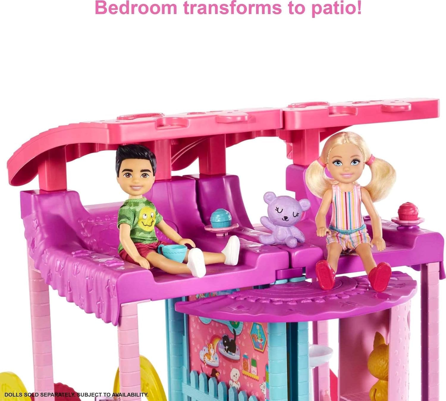 Barbie Chelsea Playhouse - 3 etaje cu funcție de transformare, zone de joacă secrete, lift, piscină, tobogan, 2 animale de companie și mai mult de 20 de accesorii, pentru copii cu vârsta de peste 3 ani, HHX44 Casute de papusi Naty Shop