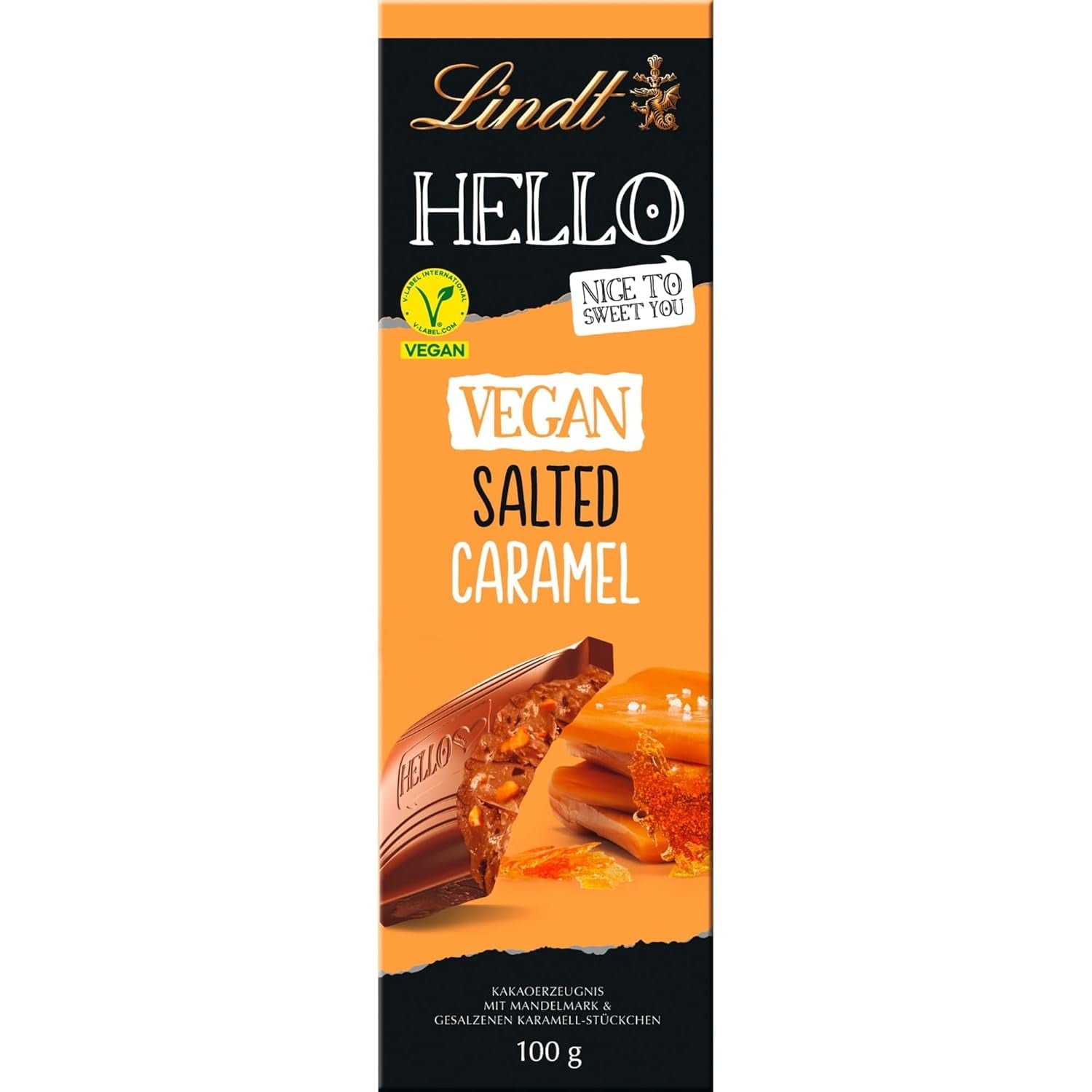 Lindt Schokolade HELLO Tafel Vegan Salted Caramel | 100 g Tafel | Vegan Mit Kakao, Mandelmark, Karamellzucker Und Einem Hauch Von Salz | Schokoladengeschenk Naty Shop Volle Größe Vegan Salted Caramel