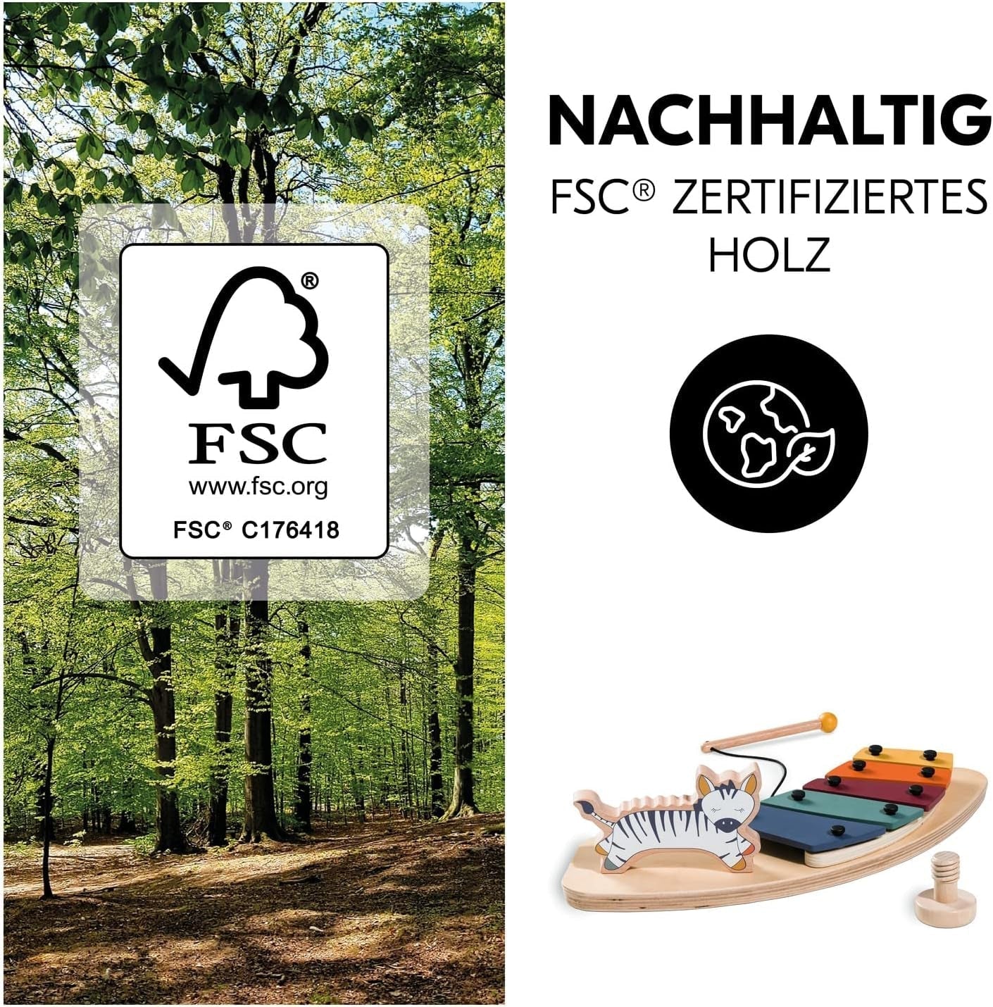 hauck Play Music, Zebra - Xilofon joc muzical de la 12 luni Compatibil cu placa de joc Play Tray pentru Alpha+, Beta+ și Arketa scaun înalt din lemn, jucărie din lemn pentru copii Promovează coordonarea ochi-mână Jucarii Bebe Naty Shop