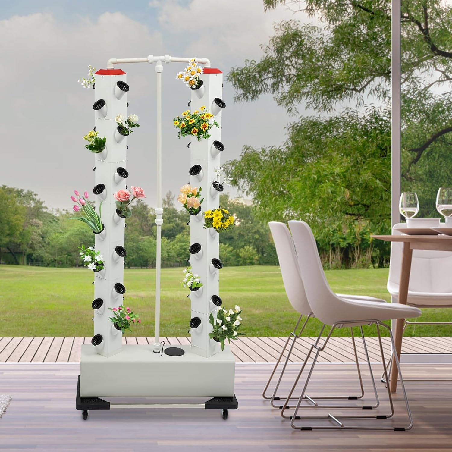 56 Holes 7 Tier Hydroponic System Soilless Grow System Grow Kit Aeroponic Tower Hydroponic Grow System with Hydration Pump Timer Adapter Grow Bed and Mesh Pot