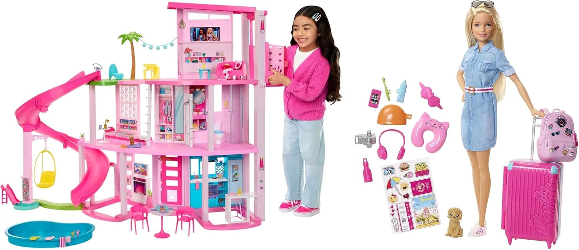 Barbie Dream Villa, casă Barbie cu 3 etaje cu 10 zone de joacă, inclusiv piscină, tobogan, lift, 75 de accesorii pentru păpuși, cățeluș de jucărie, jucărie pentru copii cu vârsta de peste 3 ani, HMX10 Casute de papusi Naty Shop Pachet cu păpușă Barbie Vilă de vis piscină petrecere casă de păpuși