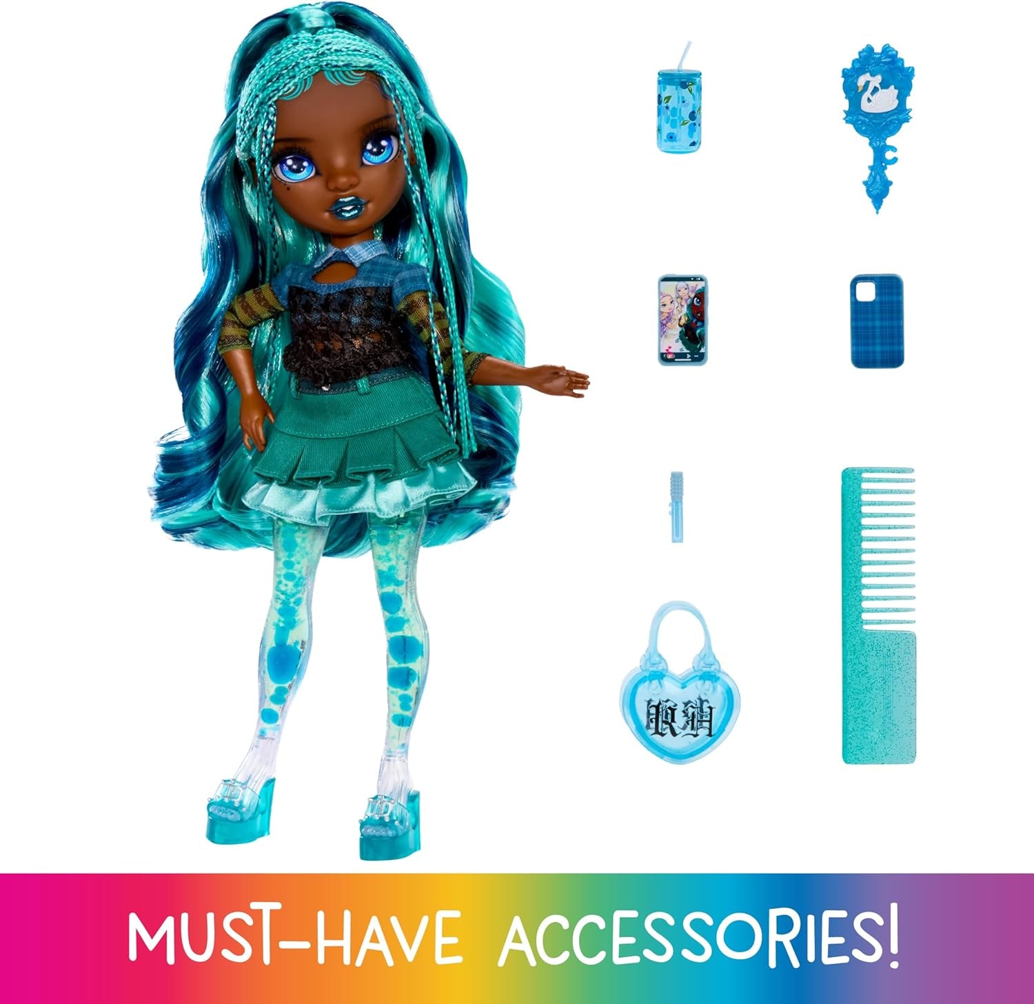 Păpușa Rainbow High Sparkle & Shine - Misty - Păpușă la modă de 28 cm cu păr turcoaz și bule magice în picioare, colorată, pentru coafat și joacă, articol de colecție, pentru copii de la 4 la 12 ani