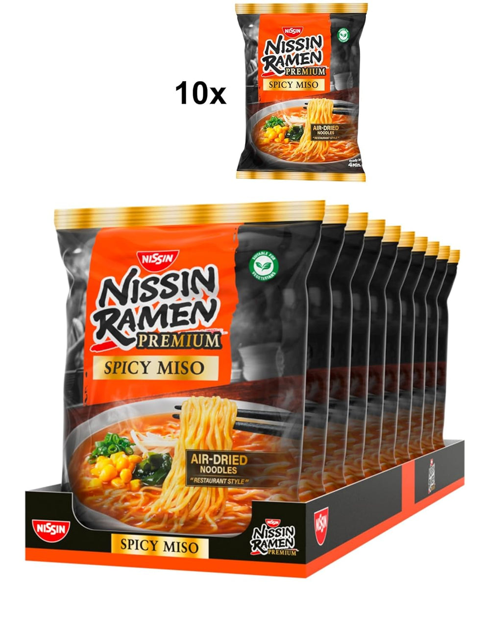 Nissin Ramen Premium - Miso Spicy 10 Pack Japanese Style Air Dry Instant Noodles for 'Restaurant Style' Ramen with a mildly spicy flavor of miso and wakame flakes (10 x 90.7g)