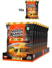 Nissin Ramen Premium - Miso Spicy 10 Pack Japanese Style Air Dry Instant Noodles for 'Restaurant Style' Ramen with a mildly spicy flavor of miso and wakame flakes (10 x 90.7g)