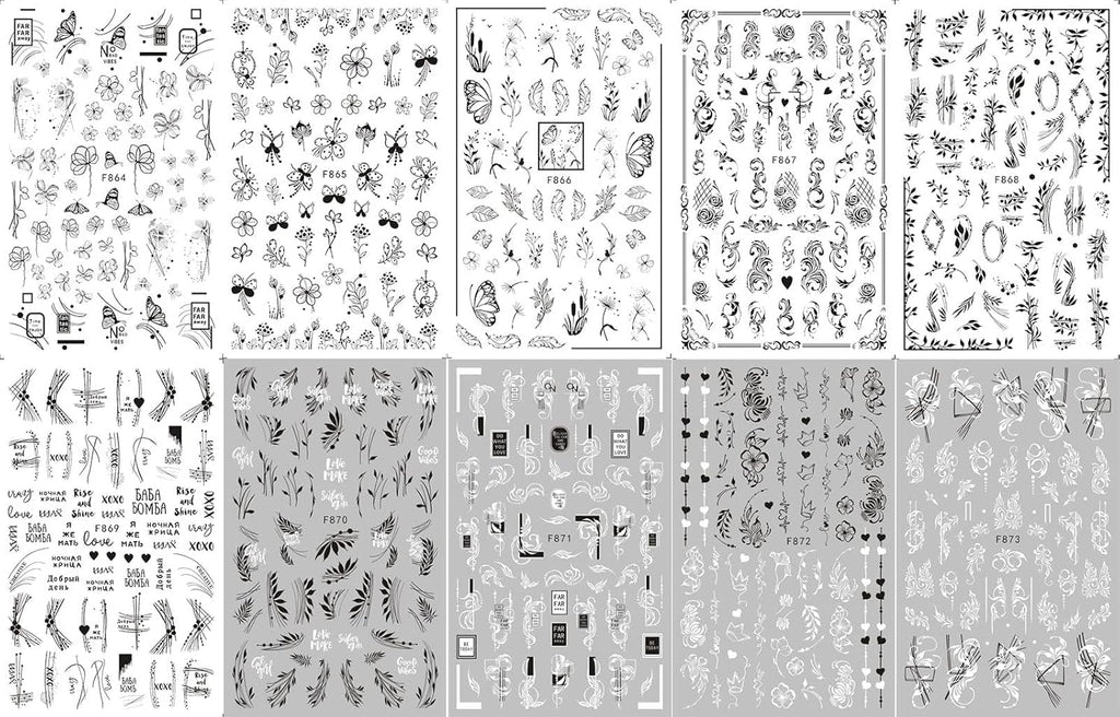 JMEOWIO Nagelsticker Blumen 10 Blatt Nagelaufkleber Selbstklebend Black White Blossom Nail Art Sticker Dekoration Nageldesign Zubehör