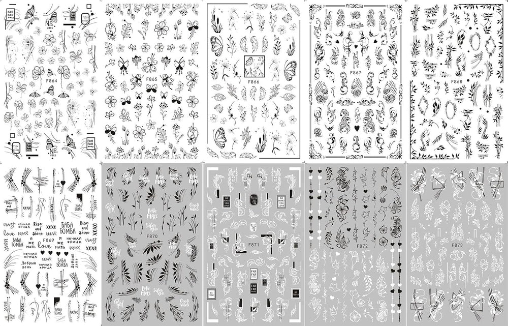 JMEOWIO Nagelsticker Blumen 10 Blatt Nagelaufkleber Selbstklebend Black White Blossom Nail Art Sticker Dekoration Nageldesign Zubehör