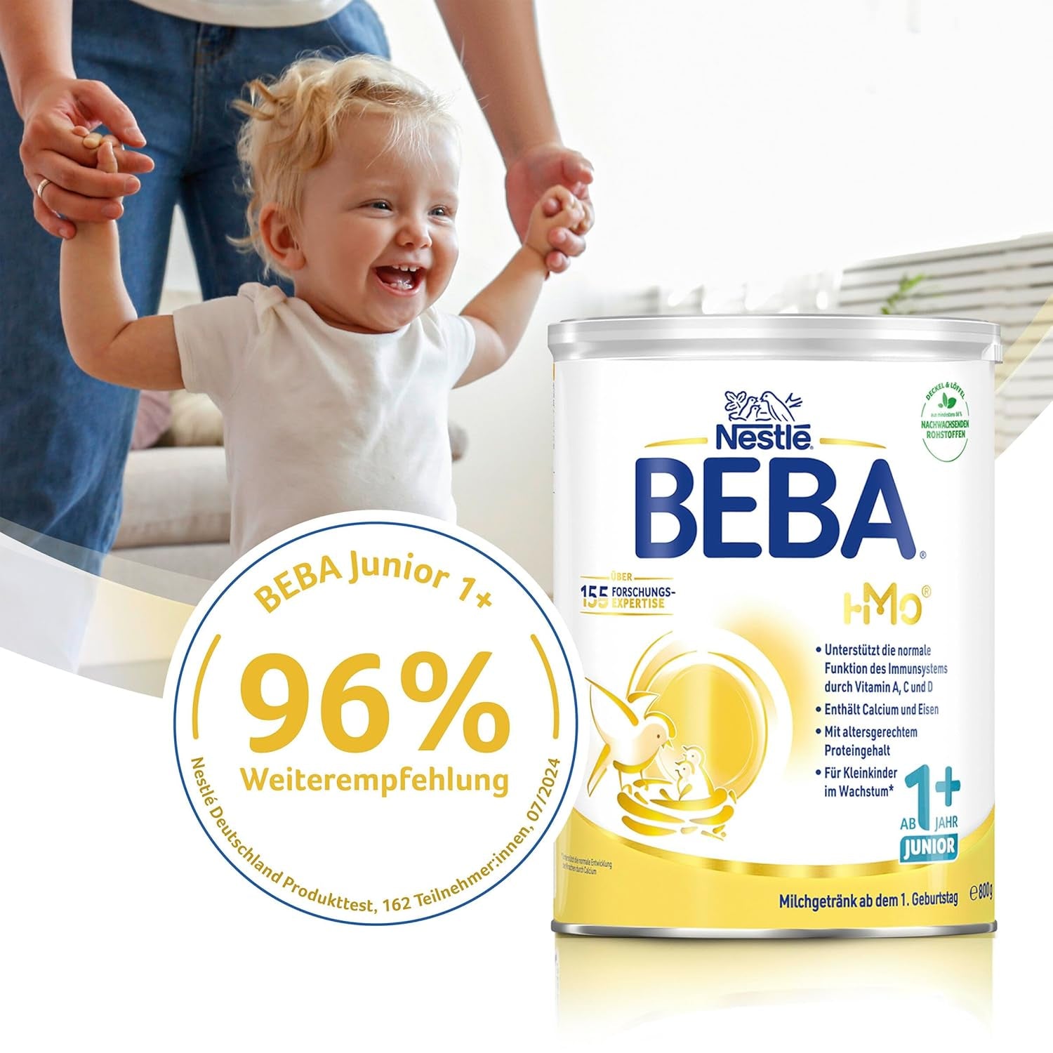 BEBA Junior 1+ milk drink from 1 year, With HMO, Age-appropriate protein content, Lactose only, No palm oil, No fish oil, Toddler food, Baby milk powder, Pack of 6 (6 x 800g)