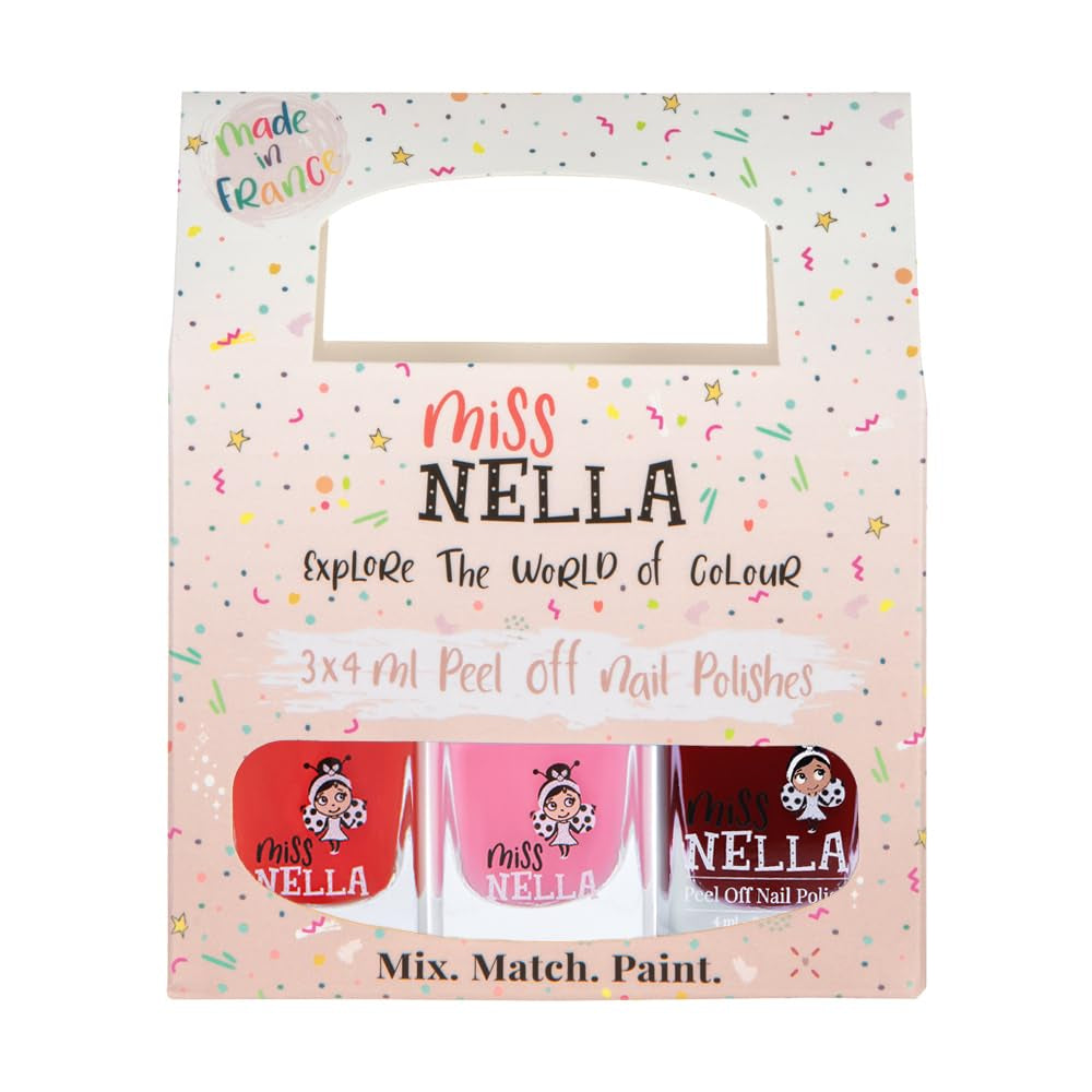Miss Nella Magic Collection 4 Piece Glitter Nail Polish Set: Pink, Red, Gold and Blue, Kids Special Removable Nail Polish, Non-Toxic, Water-Based, Odorless