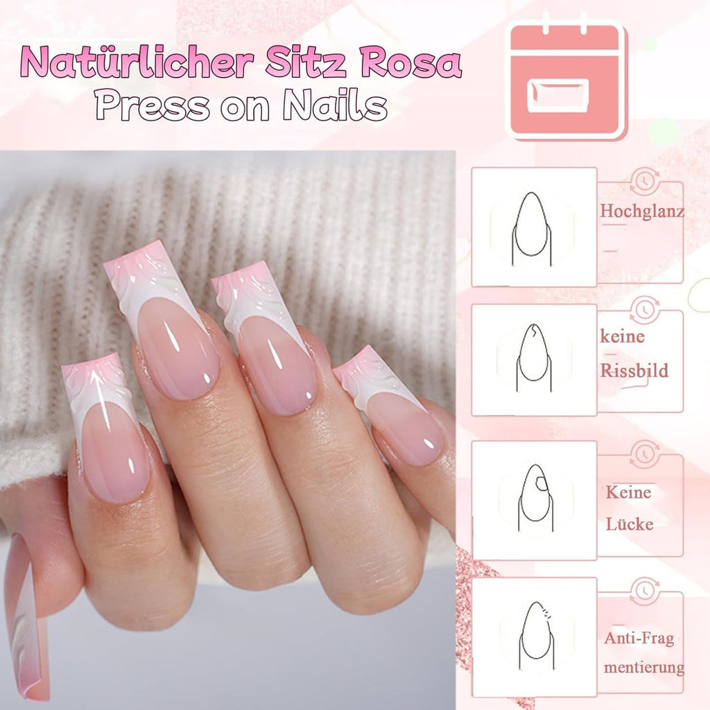 30 de bucăți unghii false franțuzești - unghii artificiale pentru lipit - unghii cu gel moale pentru femei - unghii adezive acrilice, manichiură pătrată (roz franțuzesc)