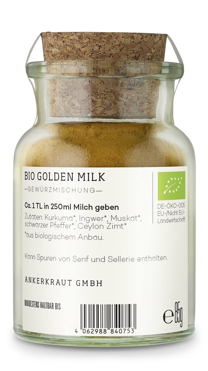 Ankerkraut Bio Golden Milk, Gewürz für goldene Milch, with Turmeric, Zimt und Ingwer, 75 g in a cork glass