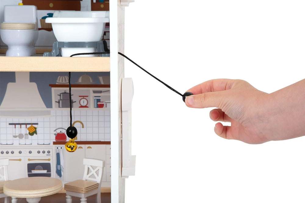 Casă de păpuși Small Foot Vilă de oraș din lemn, cu 3 etaje, față deschisă și 12 mobilier, pentru copii de la 3 ani, 11802, alb gri Casute de papusi Naty Shop