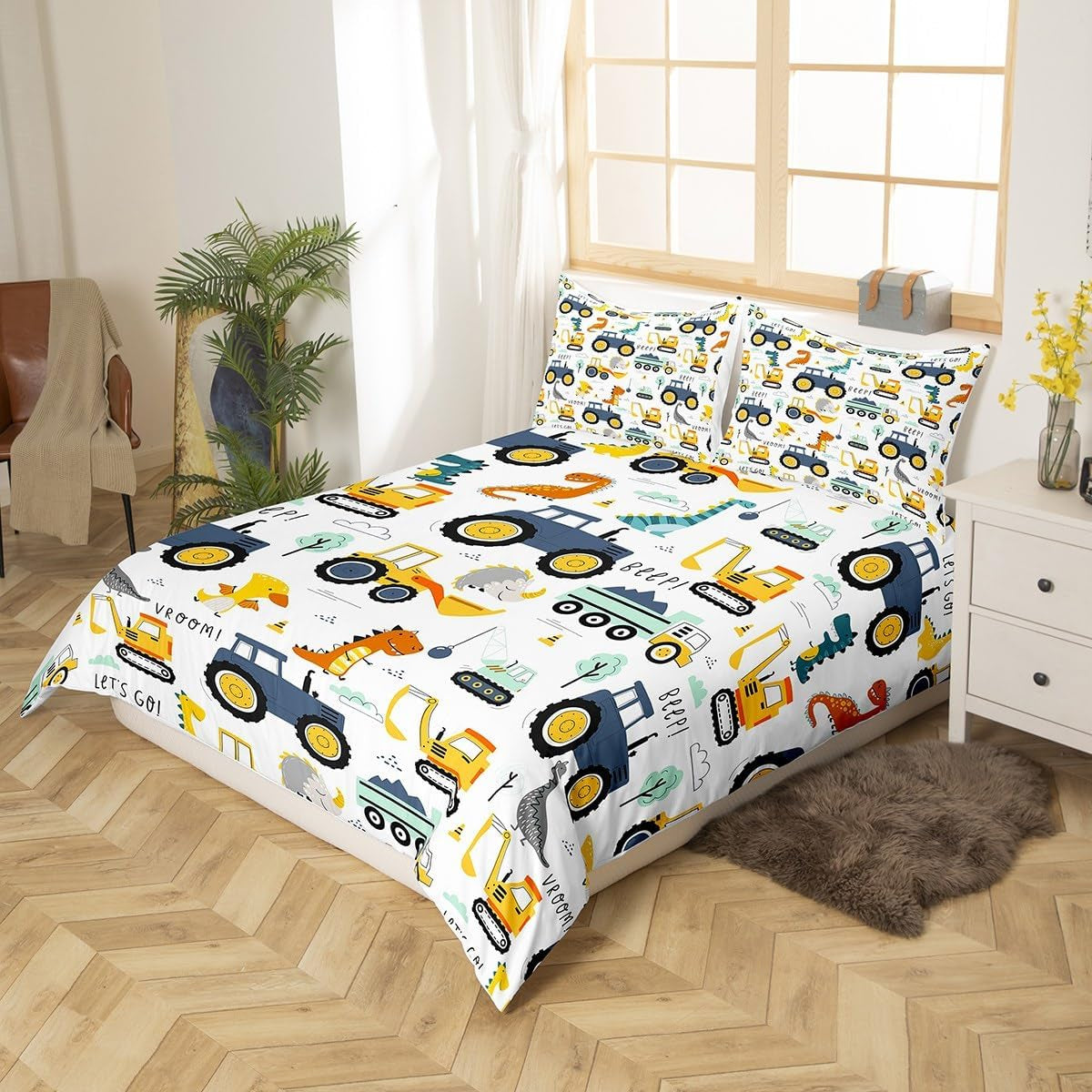 Jungen Cartoon Car Bedding Set 135X200,Kinder Bau Fahrzeuge Tröster Abdeckung Für Kind Kleinkind Teens,Dinosaurier Bettbezug,Traktor Maschinerie Bagger Bettdecke Abdeckung,Lkw Autos Bettdecke Naty Shop