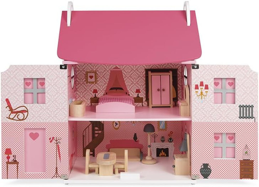 Janod - Casa de păpuși din lemn Mademoiselle, 3 etaje și cu 11 accesorii, replică de jucărie, dezvoltă imaginația, de la 3 ani, J06581, roz Casute de papusi Naty Shop