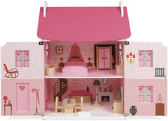 Janod - Casa de păpuși din lemn Mademoiselle, 3 etaje și cu 11 accesorii, replică de jucărie, dezvoltă imaginația, de la 3 ani, J06581, roz Casute de papusi Naty Shop