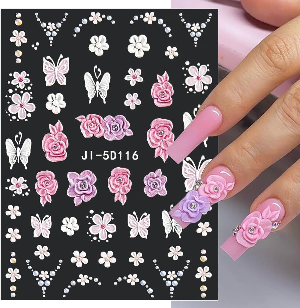 5D Geprägte Blume Nagelsticker Nagelfolie Selbstklebend Acryl Geschnitzte Blumen Nagelaufkleber Schmetterling Nail Sticker Blütenblätter Nageldesign Aufkleber Nägel Zubehör Flower Nail Art Stickers