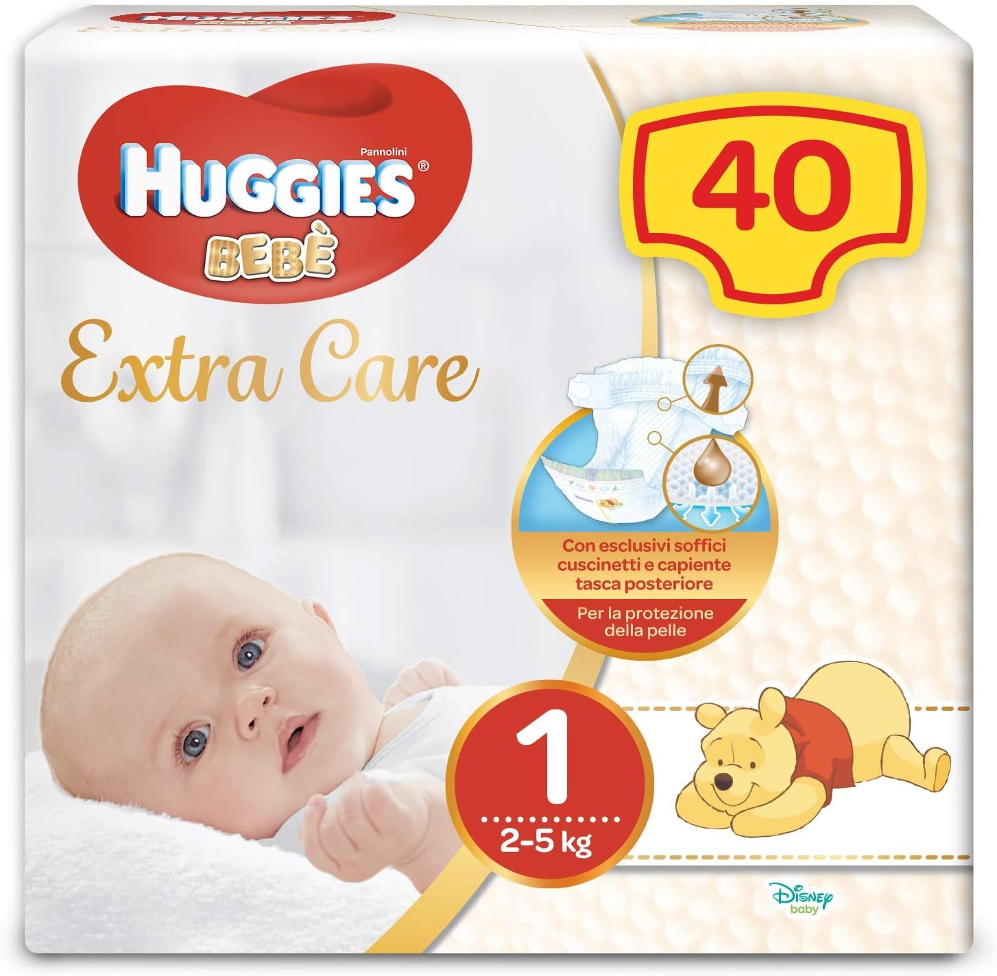 Huggies Extra Care Diapers for Babies, Size 1 (2-5 kg), Super Absorbent, Full Protection, Disney Design, 40 pcs.