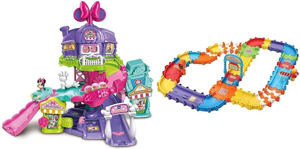 Vtech 80-521804 TUT TUT Baby Speedster - Minnie's Shopping Adventure & TUT TUT Baby Speedster - Deluxe Road Set - Set mare de expansiune cu 46 de piese și accesorii de construit 1-5 ani Jucarii Bebe Naty Shop Pachet cu mașina de pompieri Baby Flitzer