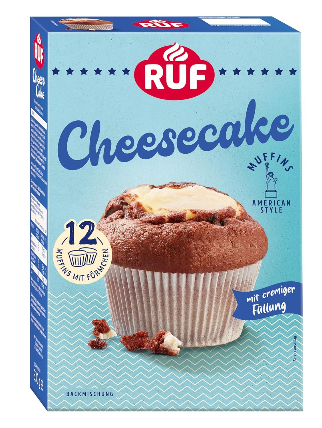 RUF Cheesecake-Muffins Backmischung, American Style Muffins Mit Cremiger Füllung, Einfache Zubereitung, 12 Muffin-Förmchen Inklusive Naty Shop Cheesecake 330 G (1Er Pack)
