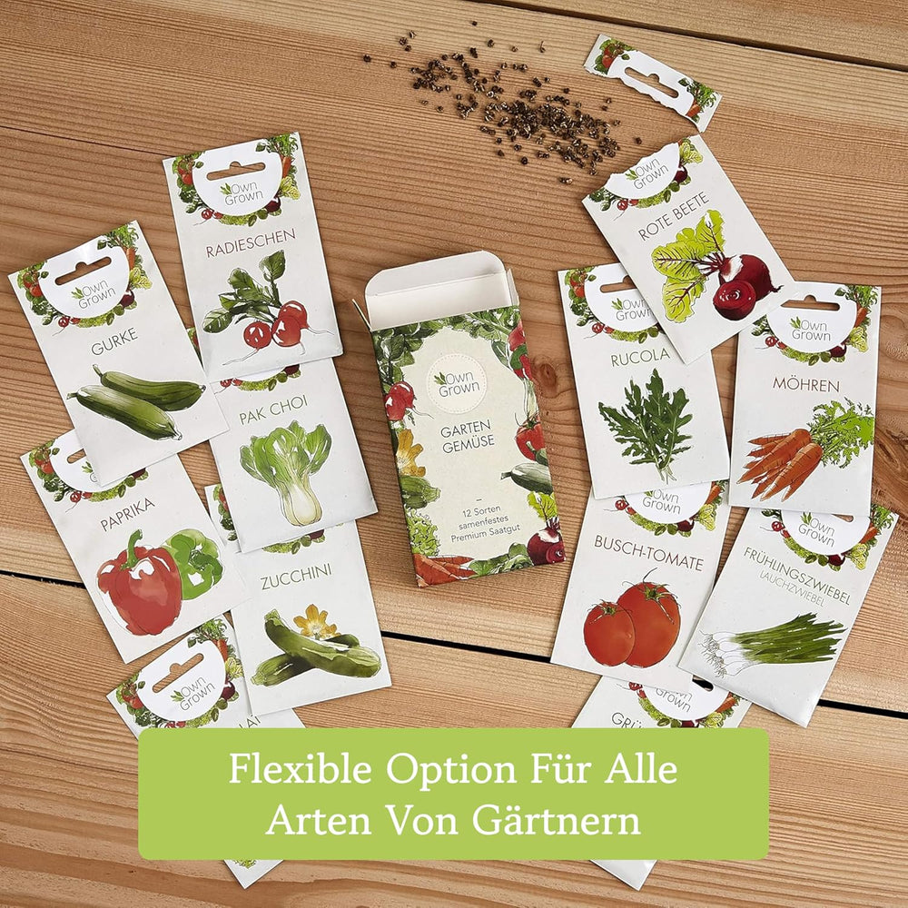 OwnGrown Vegetable Seed Set - 12 Pflanzensemen Sorten für Hochbeet und Garten - Praktische Box mit Gemüsesamen für den Anbau Frischer Ernte zu Hause - Ideal für Gartenliebhaber