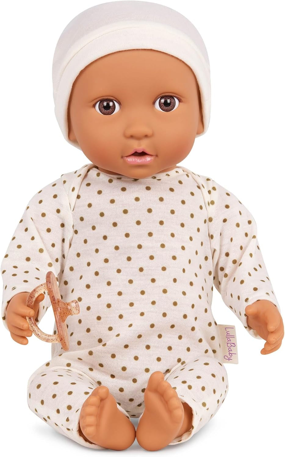 LullaBaby - Baby Puppe - Einteiler & Mütze - 36 cm Realistic Baby-Puppe - Hazelnut Brown Eyes & Soft Body - Romper & Schnuller-Zubehör - Pretend Play Spielzeug - Kinder 2 Jahre +