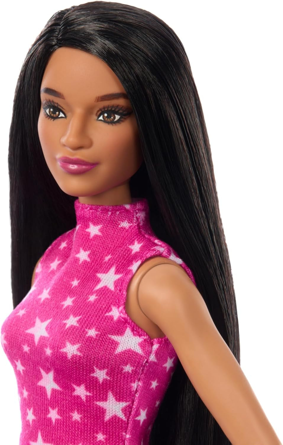 Păpușa Barbie Fashionistas nr. 215 cu păr negru drept, bluză roz cu model de steluțe și fustă irizată, păpușă de modă de colecție care comemorează cea de-a 65-a aniversare, HRH13