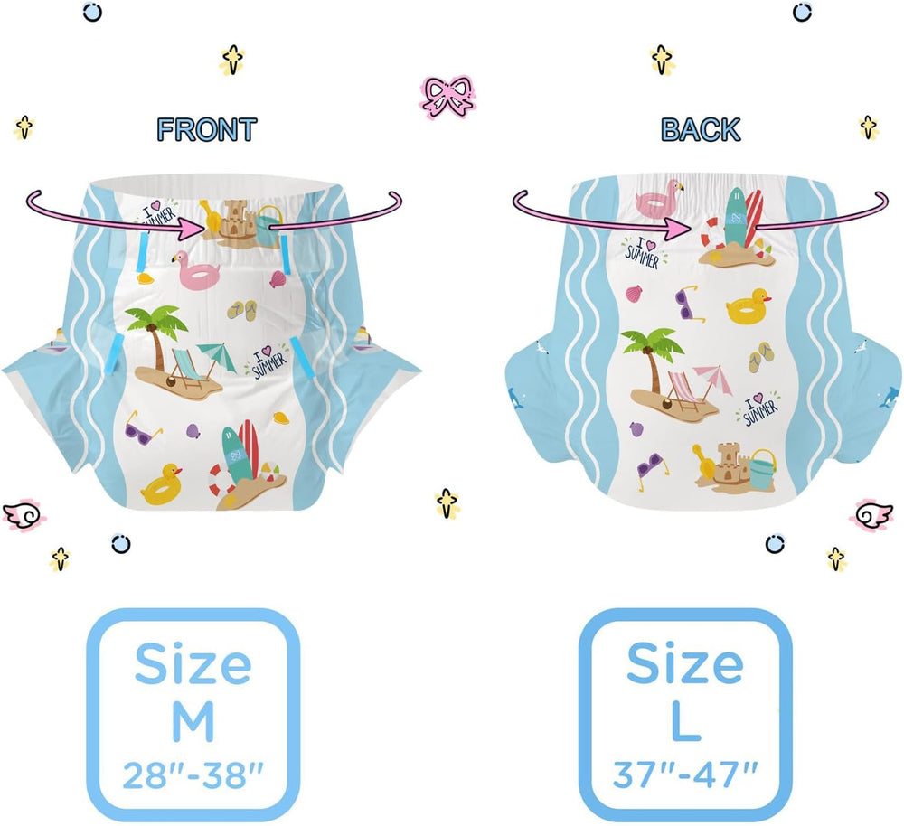 CutiePlusU Adult Diapers, 10 Pack, Disposable Sheet Diapers for Women and Men, Maximum Absorbency Overnight - I Love Summer (Medium Size 71-96cm)