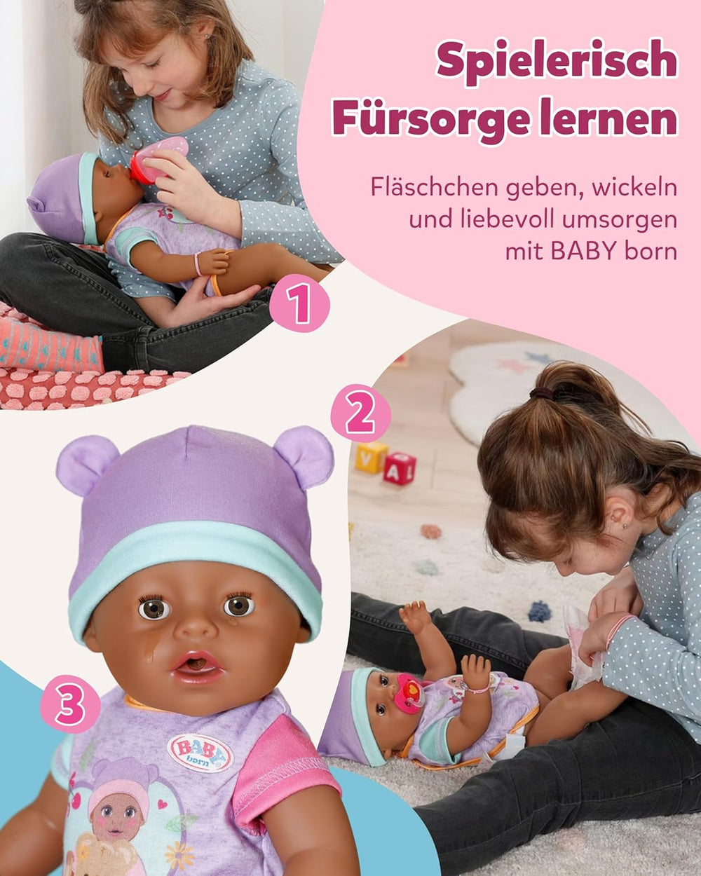 BABY Born Eva - păpușă bebeluș 43 cm - 10 funcții, inclusiv accesorii și saltea - Funcționează complet fără baterii - Potrivită pentru copii cu vârsta de 3 ani și peste