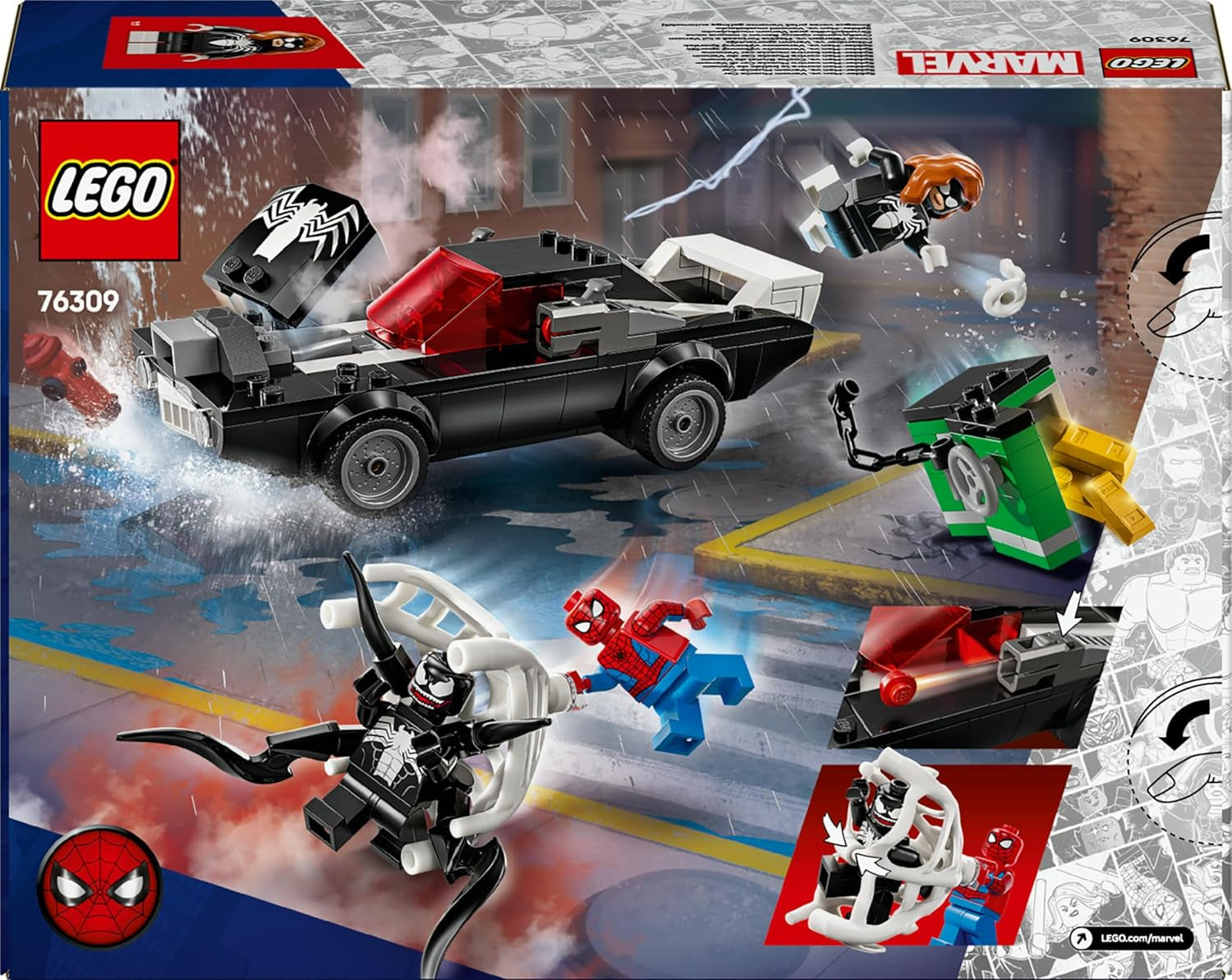 LEGO | Marvel Spider-Man Mech Vs. Venom Muscle Car - Auto Spielzeug mit 3 Superhelden Minifiguren - Modellauto mit Shootern - Geschenk für Jungen und Mädchen ab 7 Jahren 76309