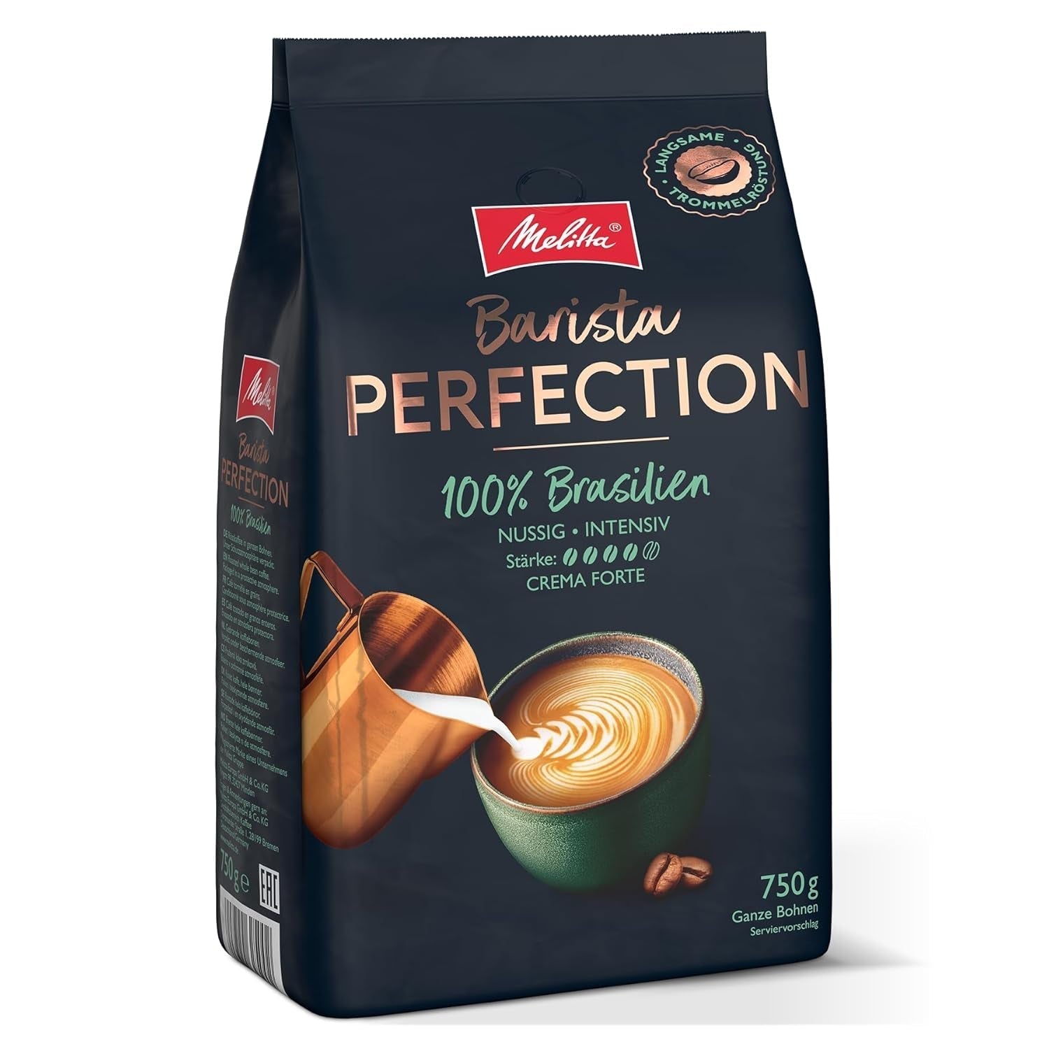 Melitta Barista Perfection 100% Brazilia, boabe de cafea întregi, cafea de origine unică, 100% Arabica, prăjire lentă cu tambur, Crema Forte, tărie 4 Cafea Naty Shop Brazilia 750 grame