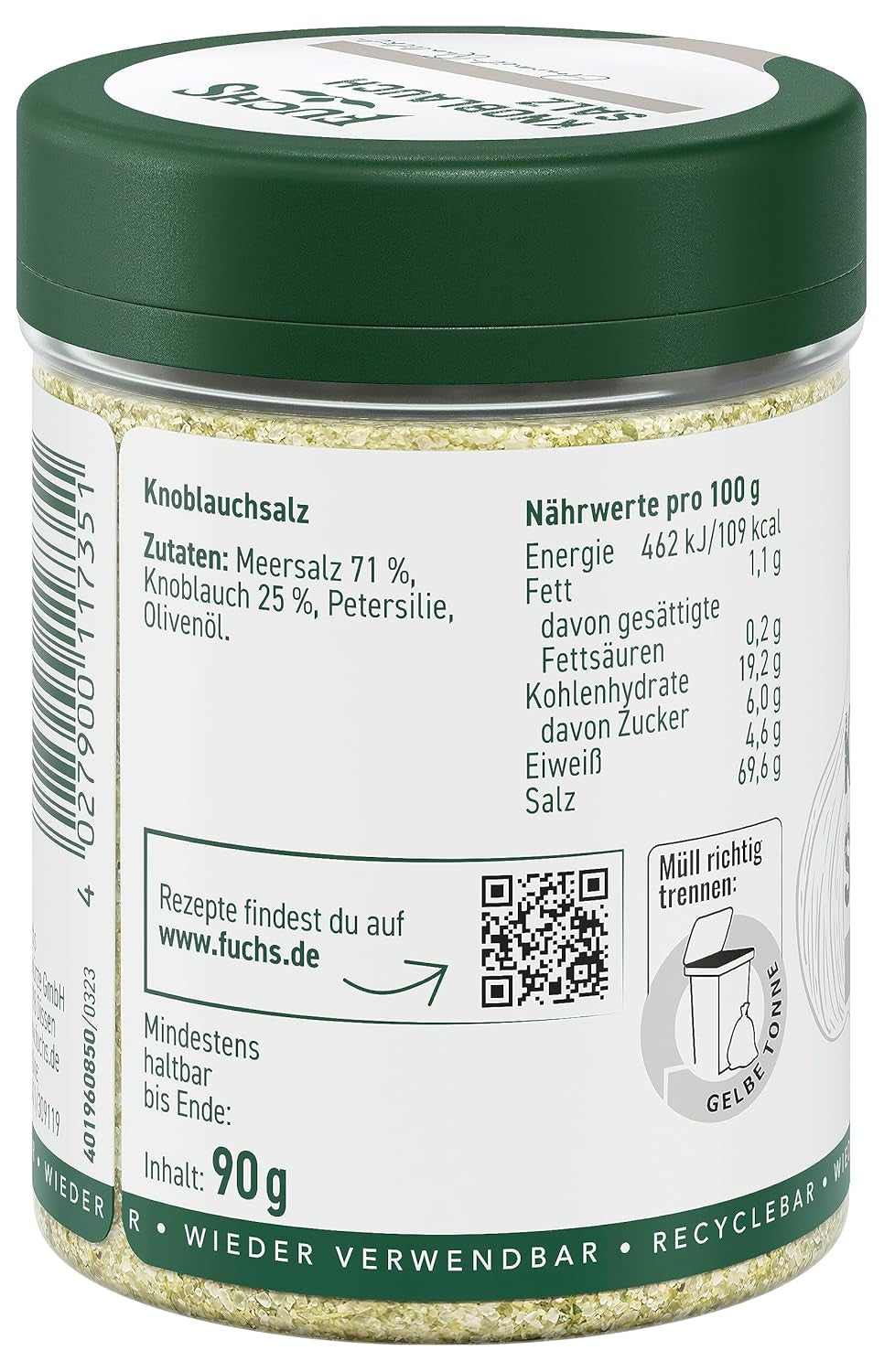 Fuchs Gewürze - Knoblauchsalz - Gewürzsalz für Dips, Saucen und Gemüse - natural ingredients - 90 g in wiederverwendbarer, recyclebarer Dose