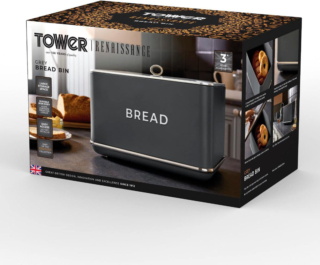 Tower T826175GRY Coș pentru pâine Renaissance, capacitate 16 l, capac simplu, gri Cutii depozitare alimente Naty Shop