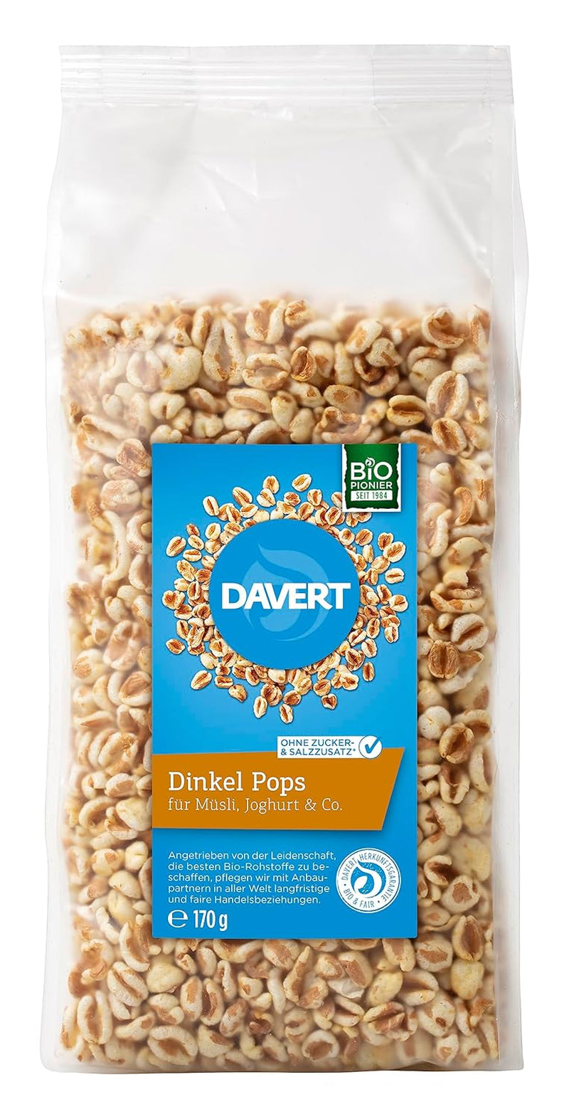 Davert Spelled Lollipops 170g – Flavored, airy and light expanded spelled beans with a delicate roasting flavor – 100% Davert Organic Quality (1 x 170g)