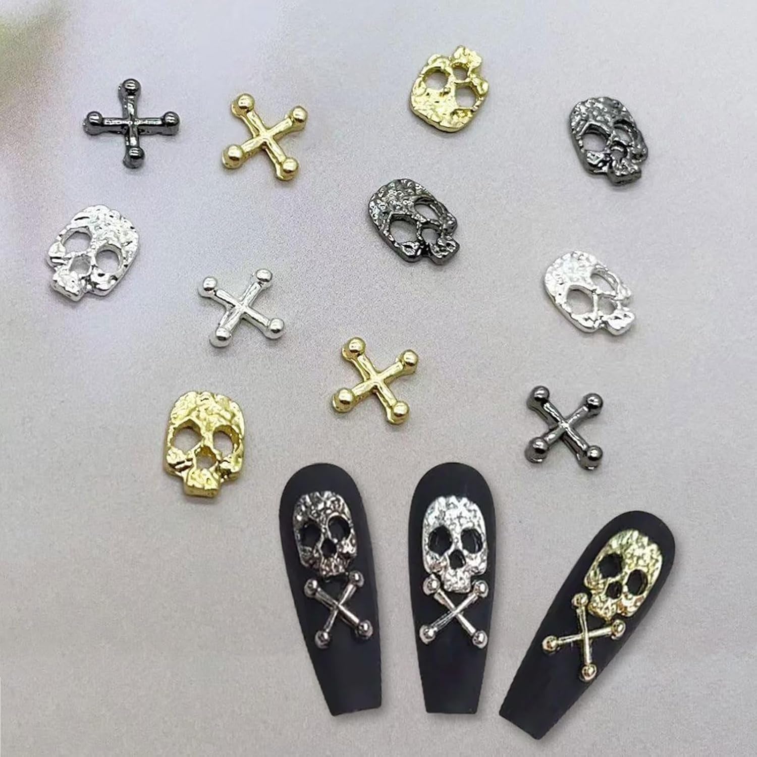 Set de decorațiuni pentru unghii cu craniu în formă de cruce, 120 de piese, brelocuri pentru unghii din metal auriu-argintiu, bijuterii din aliaj punk pentru manichiură, accesorii cu pietre strălucitoare