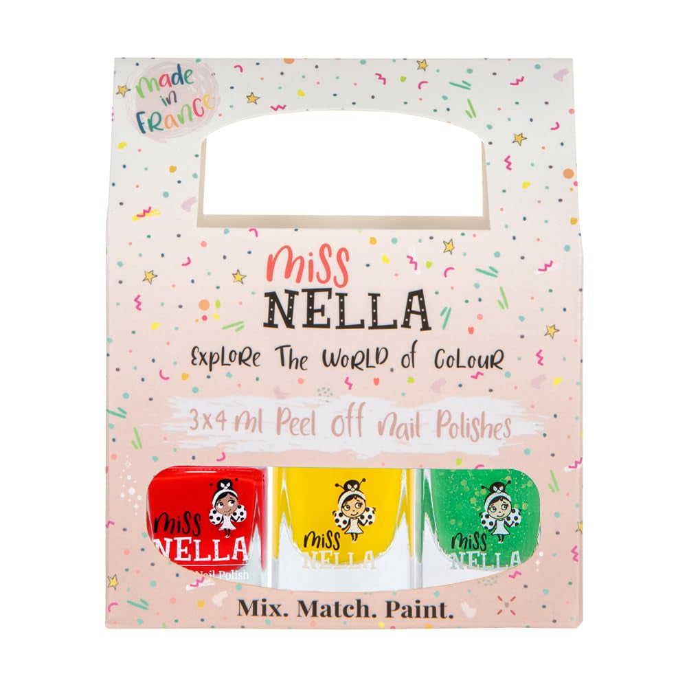 Miss Nella Magic Collection 4 Piece Glitter Nail Polish Set: Pink, Red, Gold and Blue, Kids Special Removable Nail Polish, Non-Toxic, Water-Based, Odorless