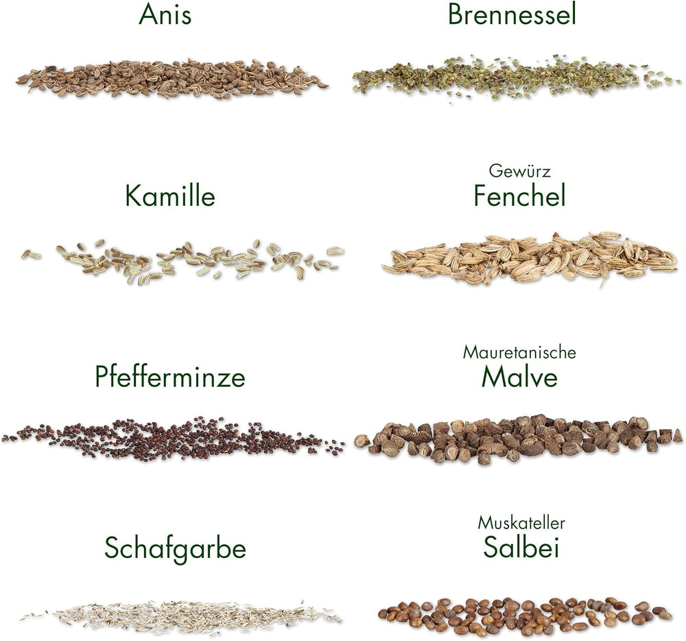 Tea seed set: 8 varieties of seeds for balcony and garden - mint, chamomile, anise, nettle, mallow - plant seeds - tea - tea box - OwnGrown plants