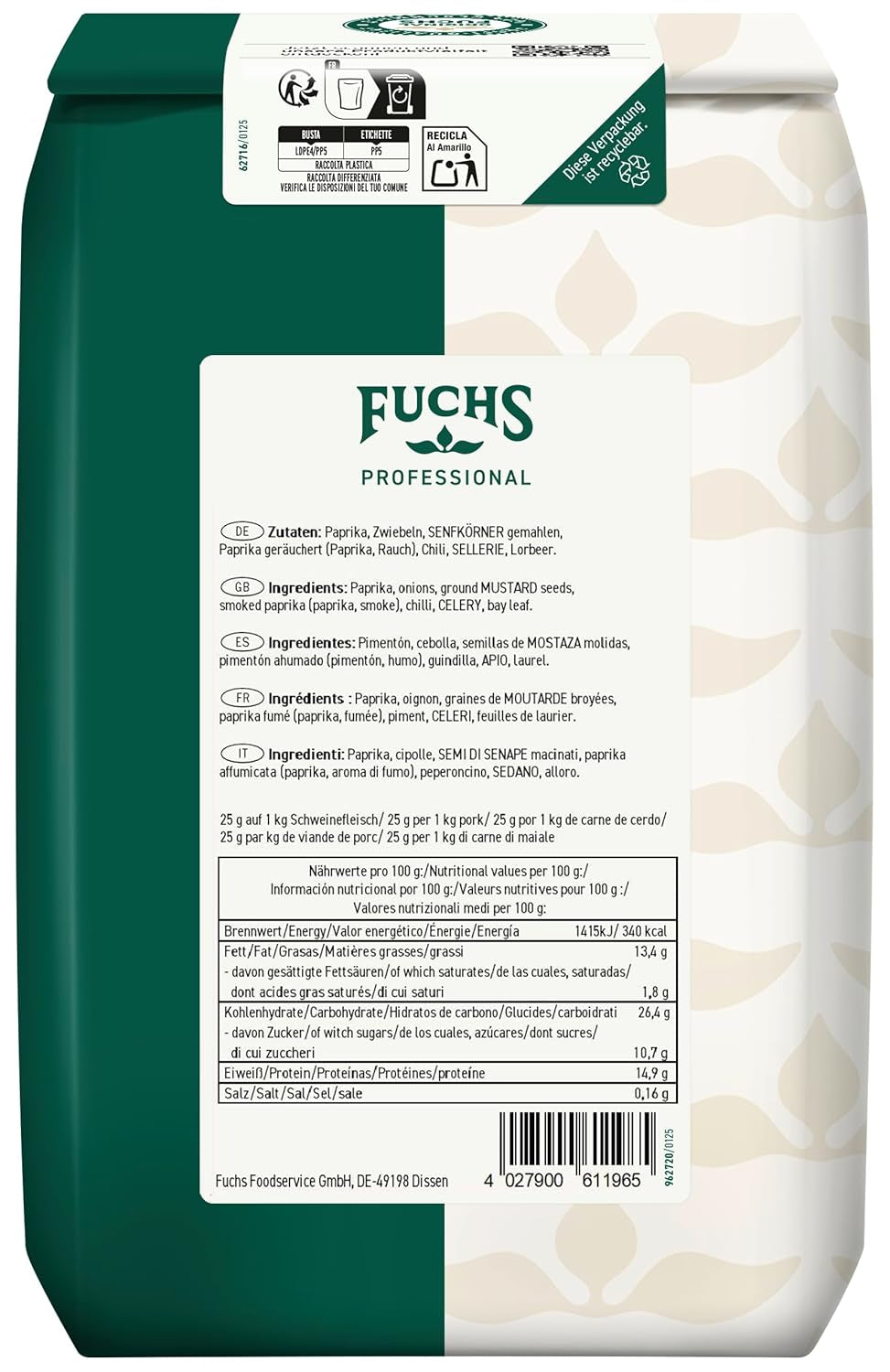 Fuchs Professional - Schaschlik Gewürzmischung | Zum Würzen/Marinieren von gebratenem oder gegrillten Fleisch | Profi-Qualität für Großverbraucher | 1 kg im recyclable bag