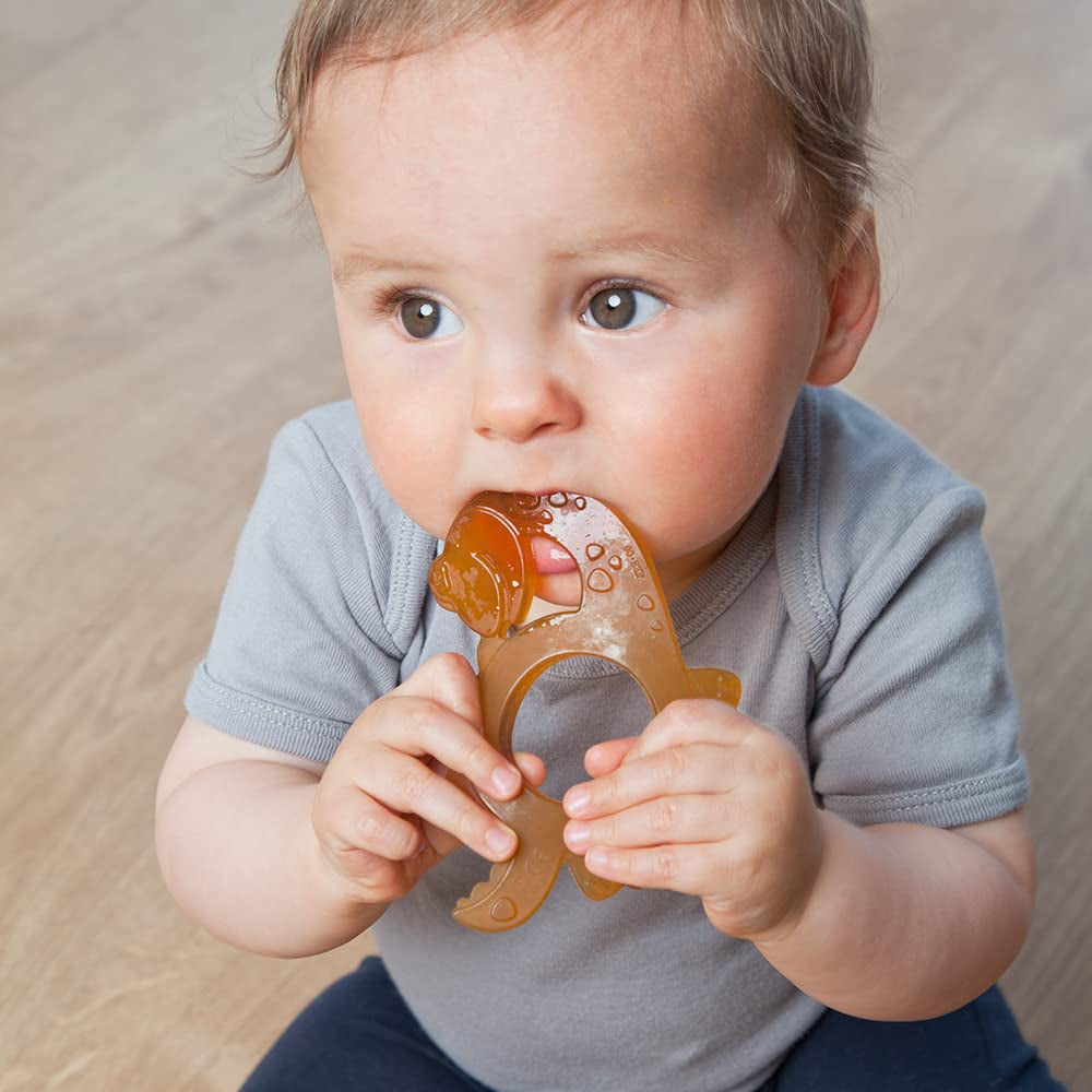 Inel de dentiție organic GRÜNSPECHT din cauciuc natural pentru bebelușii care își erup dentiția, masează gingiile, fără BPA, moale, promovează motricitatea fină, model dinozaur (639-V1)