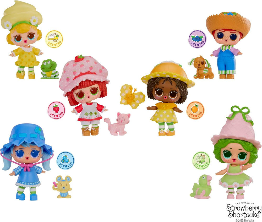 LOL Surprise! Loves Strawberry Shortcake Tots – Păpuși parfumate de colecție cu 7 surprize, animal de companie, modă, pantofi, pălărie, set de joacă cu căsuță convertibilă în formă de căpșuni, vârste 4+