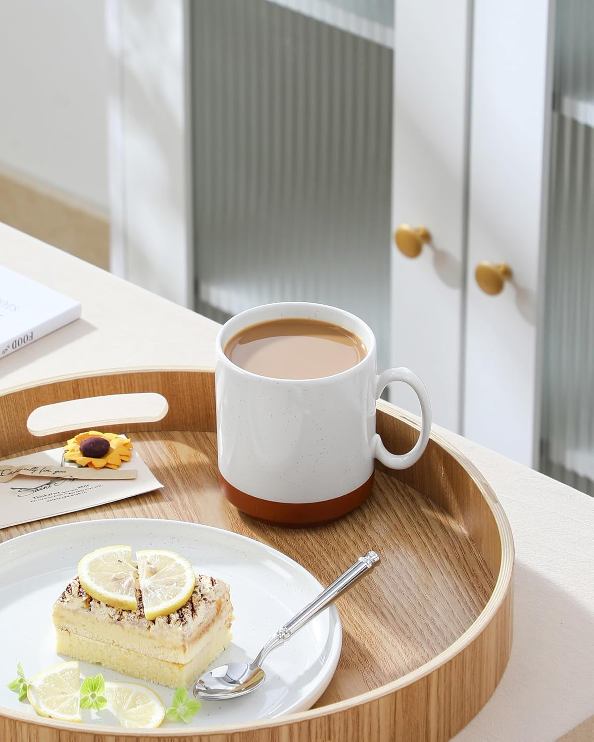 Set de căni de cafea MALACASA, set de cești din gresie 350 ml pentru 4 persoane, cești de cafea moderne pentru ceai, suc, latte, cappuccino, ciocolată caldă. Se poate spăla în mașina de spălat vase și la cuptorul cu microunde, seria TARA, alb kaki