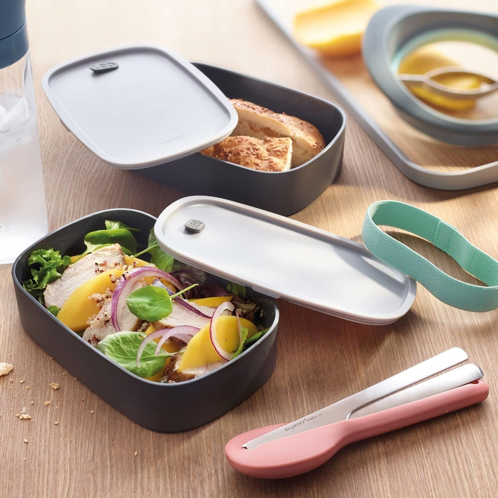 BergHoff cutie bento dublă - Leo (set cutie de prânz 19x12.5x9 cm, două cutii, rezistent la microunde, sigiliu etanș, rezistent la spălarea vaselor, ideal pentru gustări / gustări / salată) 3950126 Cutii depozitare alimente Naty Shop