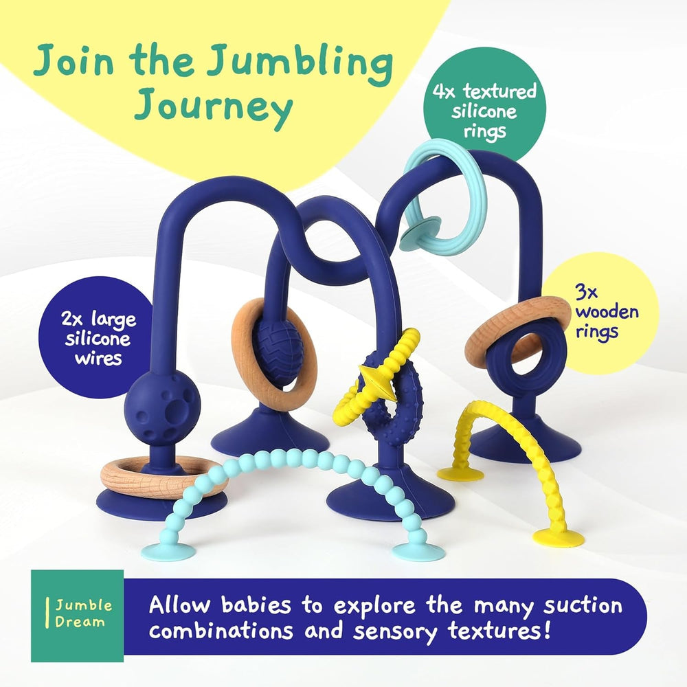 Inel de dentiție pentru bebeluși JUMBLE JANGLE: Jucărie de dentiție pentru bebeluși 3-24 luni | Set de 7 piese de jucării de mestecat fără BPA | Inel de dentiție din silicon răcoritor | Jucărie pentru copii mici cu ventuză pentru scaun înalt, masă și cadă