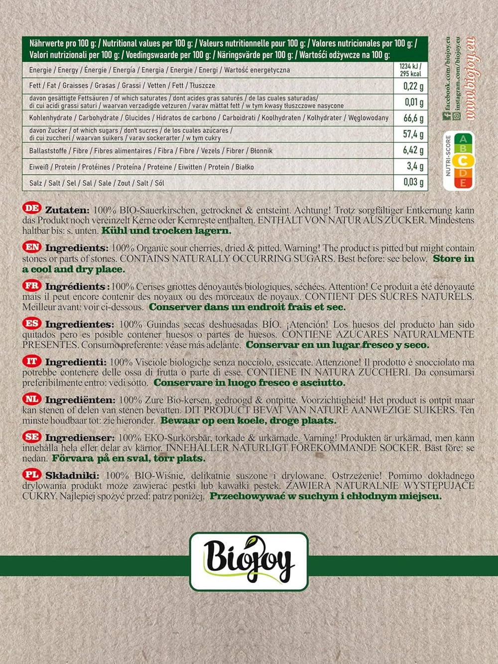 Cireșe bio Biojoy uscate (1 kg), fără sâmburi și nesulfurate Produse deshidratate Naty Shop